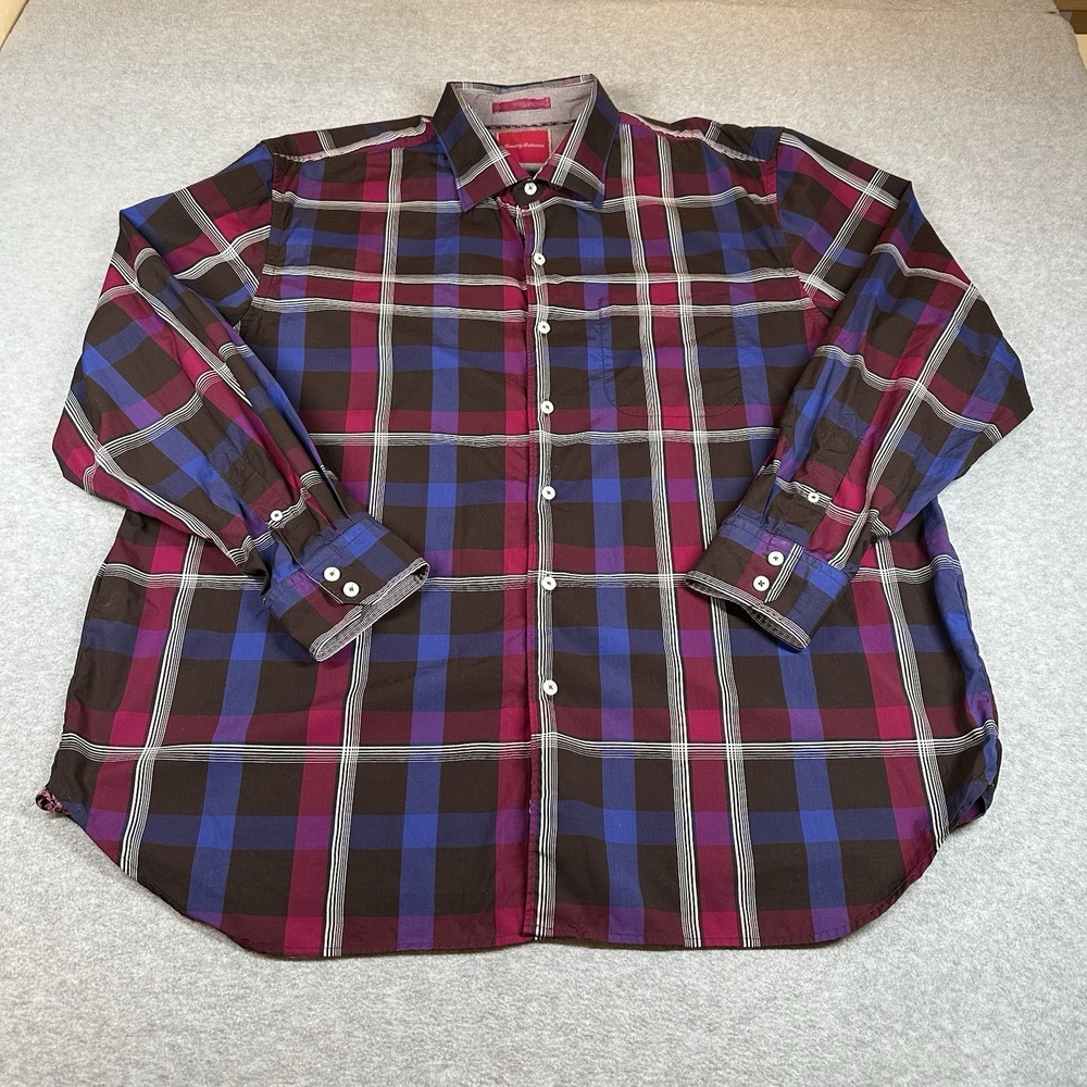 Tommy Bahama Shirt Mens 2XL Purple Window Pane Plaid Long Sleeve